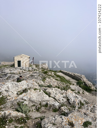 Angelokastro Byzantine Castle foggy day summer Angelokastro Byzantine Castle foggy day summer 107414222