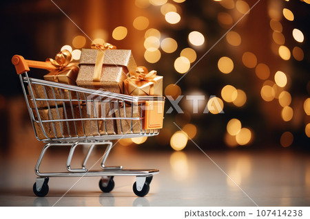 Shopping cart with gift boxes Shopping cart with gift boxes 107414238