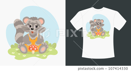 Children's T-shirt design with a cute cartoon raccoon and fly agaric. Drawing of a cartoon raccoon on a T-shirt. Print for clothes. Illustration, vector 107414330