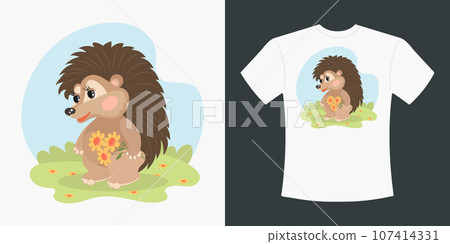 Children's T-shirt design with cute cartoon hedgehog and flowers. Drawing of a cartoon hedgehog on a T-shirt. Print for clothes. Illustration, vector 107414331