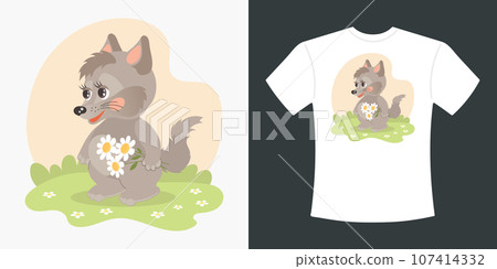 Children's T-shirt design with cute cartoon wolf and flowers. Drawing of a cartoon wolf on a T-shirt. Print for clothes. Illustration, vector 107414332