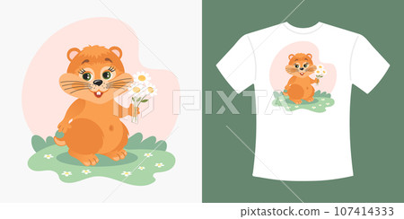 Children's T-shirt design with cute cartoon chipmunk and flowers. Drawing of a cartoon chipmunk on a T-shirt. Print for clothes. Illustration, vector 107414333