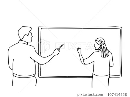 Woman in a business suit with a pointer in her hands stands near the blackboard. One line drawing vector illustration. 107414338