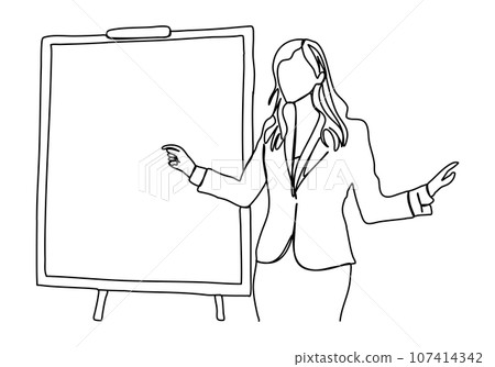 Woman in a business suit with a pointer in her hands stands near the blackboard. One line drawing vector illustration. Woman in a business suit with a pointer in her hands stands near the blackboard. One line drawing vector illustration. 107414342