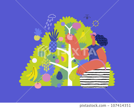 Greenery, ecology -modern flat vector concept illustration of a woman gathering fruit from the 40 fruit tree. Metaphor of environmental sustainability and protection, closeness to nature Greenery, ecology -modern flat vector concept illustration of a woman gathering fruit from the 40 fruit tree. Metaphor of environmental sustainability and protection, closeness to nature 107414351