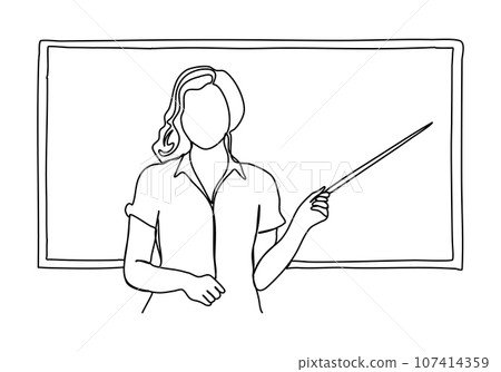Woman in a business suit with a pointer in her hands stands near the blackboard. One line drawing vector illustration. 107414359