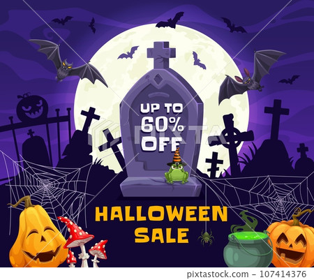 Halloween sale banner with grave stone on midnight cemetery landscape. Horror holiday special offer vector flyer with pumpkins, bats, witch potion cauldron and graveyard crosses, moon and spider web 107414376