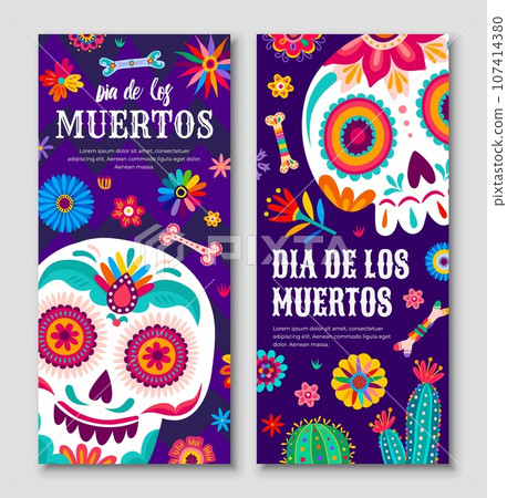 Day of the Dead Dia De Los Muertos mexican holiday banners of cartoon sugar skulls with flowers pattern. Vector calavera skulls, bones, cactus and marigolds, Mexico Halloween greeting cards set Day of the Dead Dia De Los Muertos mexican holiday banners of cartoon sugar skulls with flowers pattern. Vector calavera skulls, bones, cactus and marigolds, Mexico Halloween greeting cards set 107414380