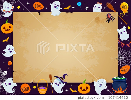 Halloween holiday kawaii ghosts and vintage scroll, vector greeting card. Cute cartoon ghosts and pumpkins monsters characters background frame with bats, spiders, trick or treat candies and cobweb 107414410
