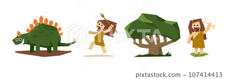 Prehistoric Stone Age People Characters and Caveman Vector Set 107414413