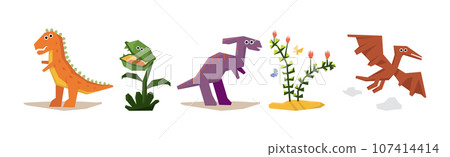Funny Dinosaur Animal as Prehistoric Wild Beast Vector Set Funny Dinosaur Animal as Prehistoric Wild Beast Vector Set 107414414