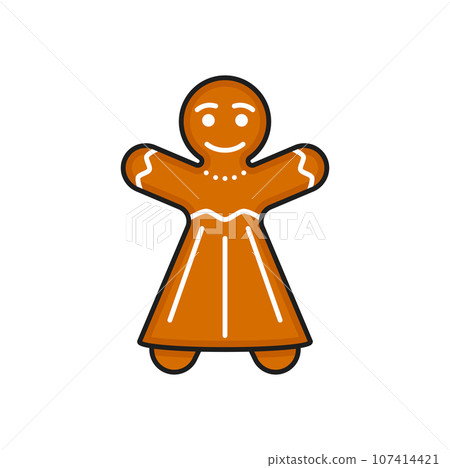 Holiday gingerbread woman cookie isolated bakery food line icon. Vector Christmas cookie with colored icing. New Year treat snack Holiday gingerbread woman cookie isolated bakery food line icon. Vector Christmas cookie with colored icing. New Year treat snack 107414421