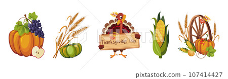Happy Autumn Thanksgiving Day Objects and Element Vector Set 107414427