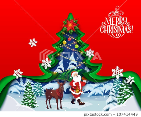 Cartoon paper cut holiday pine tree and Santa with deer at Christmas, vector greeting card. Merry Christmas papercut 3d winter background, reindeer in snow forest and Santa carrying tree in paper cut 107414449