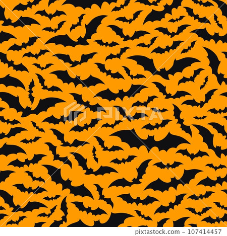Halloween bats cloud seamless pattern background for horror night holiday, cartoon vector. Halloween and trick or treat party decoration pattern with black bats silhouette on orange background Halloween bats cloud seamless pattern background for horror night holiday, cartoon vector. Halloween and trick or treat party decoration pattern with black bats silhouette on orange background 107414457