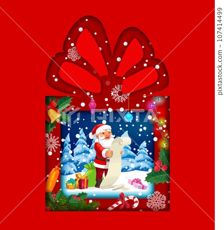 Christmas paper cut double exposition with gift, holiday decorations and Santa. Vector 3d layered frame in shape of present box with bow and funny Father Noel reading scroll with kids wishes 107414499