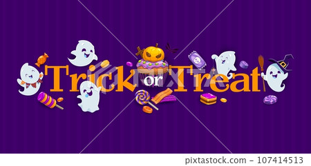 Cartoon Halloween kawaii ghosts on trick or treat holiday banner. Cute white monsters vector characters with witch hat and broom, spider and trick or treat candies, lollipop, cakes and jellies Cartoon Halloween kawaii ghosts on trick or treat holiday banner. Cute white monsters vector characters with witch hat and broom, spider and trick or treat candies, lollipop, cakes and jellies 107414513