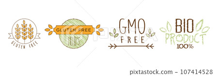 Vegetarian GMO Free Bio Product and Food Label Vector Set Vegetarian GMO Free Bio Product and Food Label Vector Set 107414528