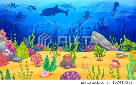 Sea underwater landscape, game level map with arch rock and ocean animal silhouettes, vector background. Fish shoal in undersea with octopus, dolphins and jellyfish in deep ocean for arcade game level 107414551