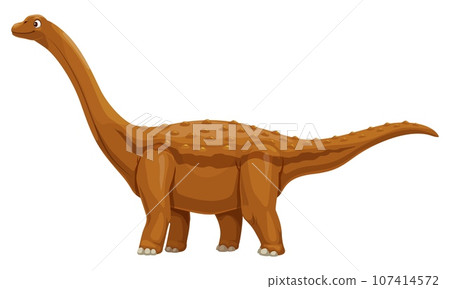 Opisthocelicaudia dinosaur cartoon character. Jurassic era dinosaur, extinct lizard or paleontology animal childish vector character. Prehistoric reptile Opisthocelicaudia funny personage or mascot 107414572