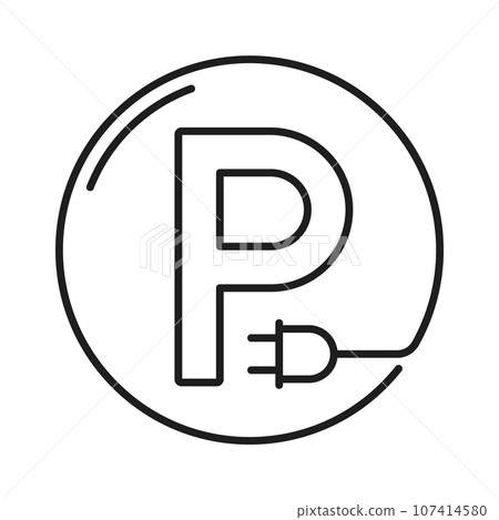 Electric car parking line icon or charging station and automatic garage service, vector linear sign. Automated parking for electric vehicles EV or BEV, outline pictogram of electric car parking lot 107414580