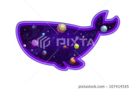 Double exposition with whale silhouette and starry galaxy space with planets, vector paper cut. Solar system planets and alien earth or moon in galactic stars or outer space in double exposition whale Double exposition with whale silhouette and starry galaxy space with planets, vector paper cut. Solar system planets and alien earth or moon in galactic stars or outer space in double exposition whale 107414585