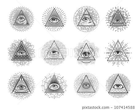 Illuminati eyes and mason pyramid triangles, providence and occult vector symbols. Freemasonry signs and secret society icons of mason pyramids with providence eye for esoteric alchemy and magic 107414588