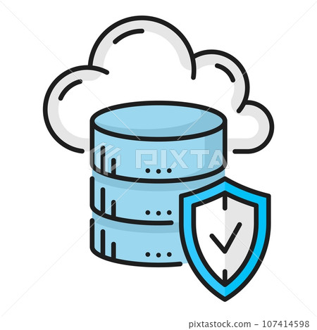 Color database, network server, cloud storage icon. Linear vector symbol of data management, information storage retrieval, digital system protection, depicts stacked cylindrical blocks and shield Color database, network server, cloud storage icon. Linear vector symbol of data management, information storage retrieval, digital system protection, depicts stacked cylindrical blocks and shield 107414598