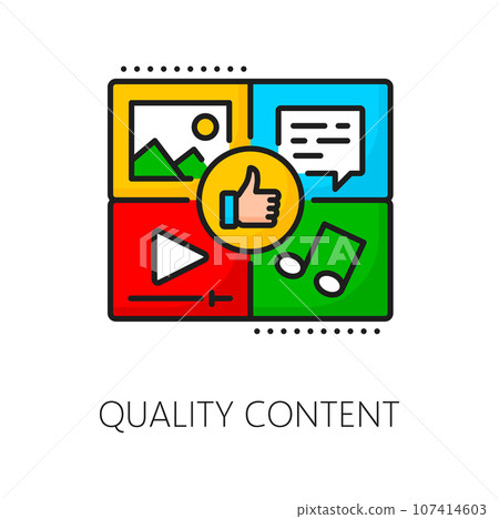 Quality content, SEM search engine marketing color icon for content panel, outline vector. Website and digital media content pictogram with photo, video or music icons for SEM or SEO online content 107414603
