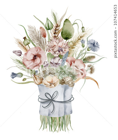 A set of watercolor illustrations of an autumn bouquet of flowers, in warm dim colors on a white background, hand-drawn A set of watercolor illustrations of an autumn bouquet of flowers, in warm dim colors on a white background, hand-drawn 107414653