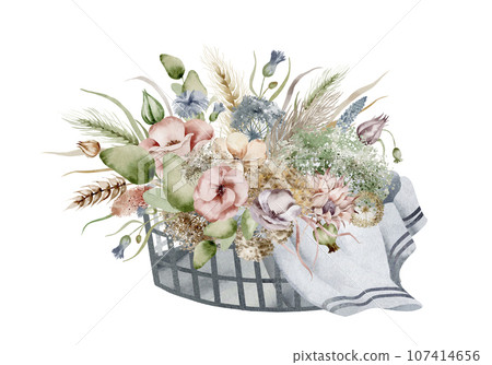 A set of watercolor illustrations of an autumn bouquet of flowers, in warm dim colors on a white background, hand-drawn 107414656