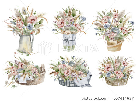 A set of watercolor illustrations of an autumn bouquet of flowers, in warm dim colors on a white background, hand-drawn 107414657