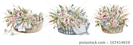 A set of watercolor illustrations of an autumn bouquet of flowers, in warm dim colors on a white background, hand-drawn 107414659