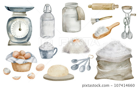 Watercolor drawing set of baking ingredients. Hand drawn sack of flour, dough, eggs and pasuda isolated on white background. Kitchen illustration for bakery logo, blog, book Watercolor drawing set of baking ingredients. Hand drawn sack of flour, dough, eggs and pasuda isolated on white background. Kitchen illustration for bakery logo, blog, book 107414660