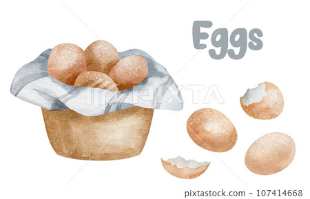 Watercolor product illustration of eggs in a basket and shell. Isolated natural eco products on a white background hand drawn 107414668