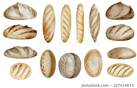 Set of watercolor illustrations of bread, bakery products. Loaf of bread, baguette, homemade bread. drawn by hand on a white background. Set of watercolor illustrations of bread, bakery products. Loaf of bread, baguette, homemade bread. drawn by hand on a white background. 107414673