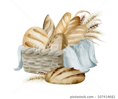 Watercolor illustration of bread in a basket. Loaf of bread, baguette, homemade bread. Hand drawn on a white background. Watercolor illustration of bread in a basket. Loaf of bread, baguette, homemade bread. Hand drawn on a white background. 107414682