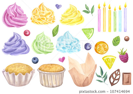 Set rainbow multicolored cupcakes muffins, sweet whipped cream. Berries, citrus fruits, chocolate, leaf. Hand drawn watercolor illustration isolated on white background. Food clipart 107414694