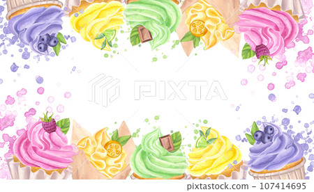 Banner frame rainbow multicolored cupcakes muffins, sweet whipped cream. Berries, citrus fruits, chocolate, leaf. Hand drawn watercolor illustration isolated on white background. Food clipart 107414695