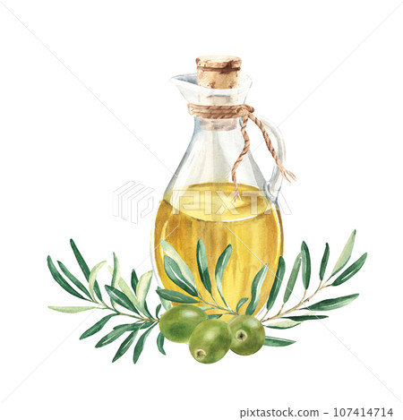 Composition of glass jug with oil and olive branch with green olives. Hand drawn watercolor illustration on a white background. For menu, product and italian, greek, spanish cuisine design 107414714