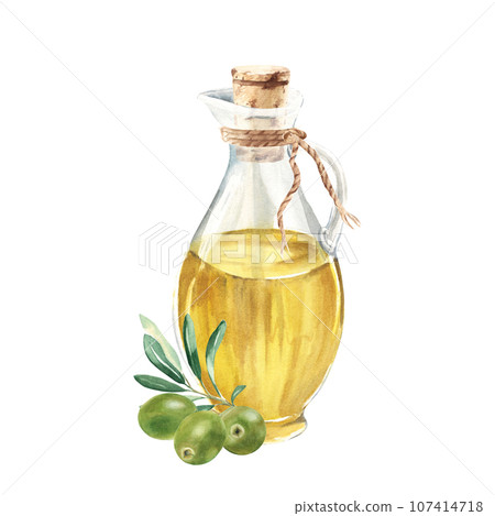 Composition of glass jug with oil and olive branch with green olives. Hand drawn watercolor illustration on a white background. For menu, product and italian, greek, spanish cuisine design Composition of glass jug with oil and olive branch with green olives. Hand drawn watercolor illustration on a white background. For menu, product and italian, greek, spanish cuisine design 107414718