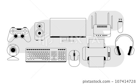 Background with computer equipment. Gaming technology and work devices. 107414728