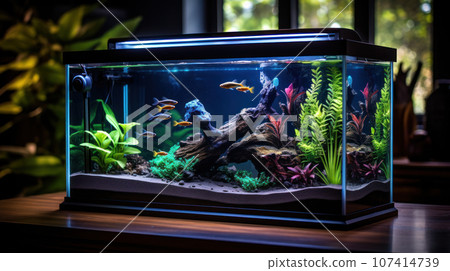 Fish swim in a blue neon aquarium 107414739