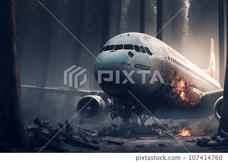 Aircraft crash in forest. Airliner catastrophe among trees. Plane accident. Generative AI 107414760
