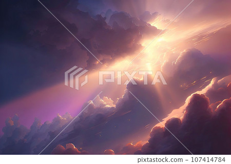 Majestic illustrative cloudscape with bright sun rays. Gorgeous religious clouds backdrop. Generative AI 107414784