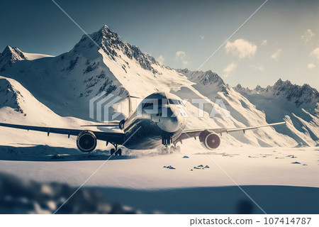 Aircraft crash in mountains. Airliner catastrophe. Plane accident with snowy mountains backdrop. Generative AI 107414787