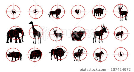 Hunting sport targets, animal silhouettes for hunt shooting range, vector icon. Hunter aim crosshair scope with duck, deer or elk stag and lion with giraffe for safari, grouse or partridge with boar 107414972
