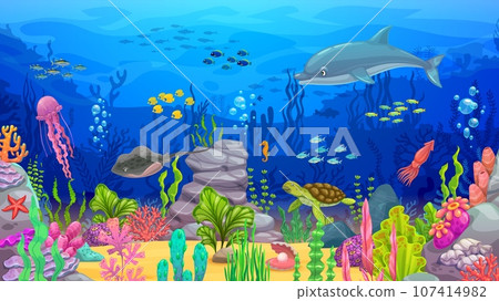 Cartoon ocean underwater landscape with dolphin, turtle and fish shoals, vector background. Jellyfish, squid and stingray between seaweeds in undersea coral reef landscape for arcade game level Cartoon ocean underwater landscape with dolphin, turtle and fish shoals, vector background. Jellyfish, squid and stingray between seaweeds in undersea coral reef landscape for arcade game level 107414982