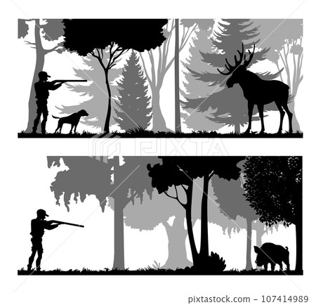 Hunter silhouette. Animal hunting trophy, forest hunting season, shooting hobby or sport vector background, scene or concept with hunter man aiming rifle or shotgun on moose and wild boar in forest 107414989