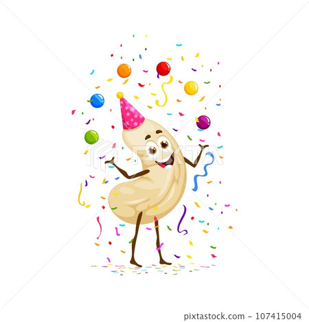 Cartoon cashew nut character entertains at a birthday party by skillfully juggling colorful balls, bringing joy and laughter to holiday celebration. Isolated vector snack personage wear festive hat Cartoon cashew nut character entertains at a birthday party by skillfully juggling colorful balls, bringing joy and laughter to holiday celebration. Isolated vector snack personage wear festive hat 107415004